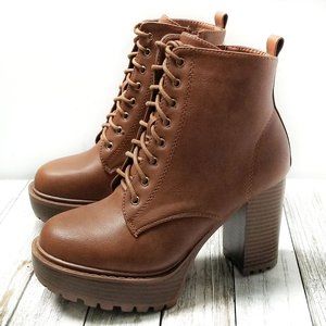 New Tan Platform Lace Up Lug Combat Boots Block Heel Ankle Booties